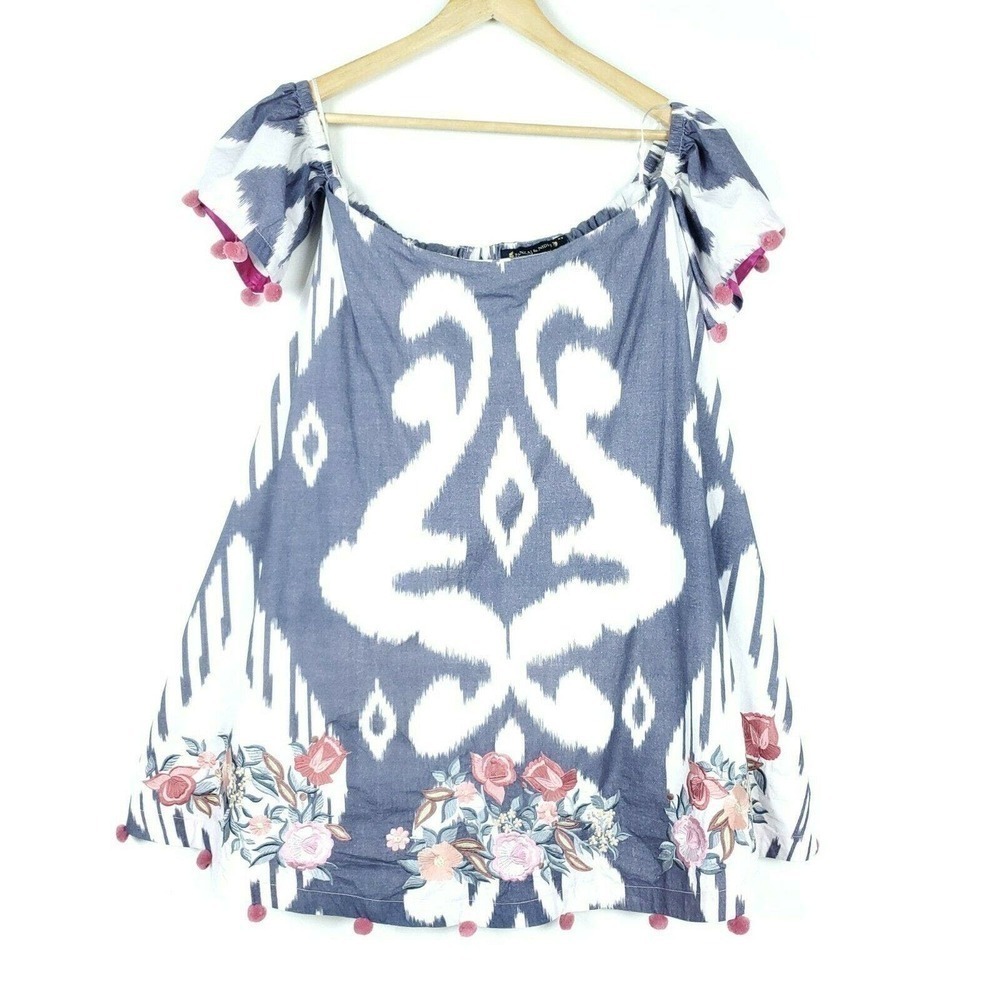 Pankaj & Nidhi Anthropologie Dress XS Off Shoulder Ikat Pom Pom Tassel Mini